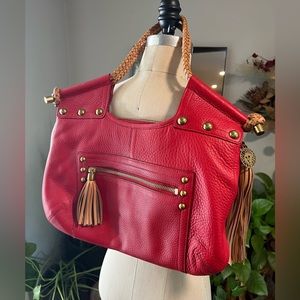 Anne Klein Y2K Mint Early 2000’s Red Leather Tote Bag Brass Studs Lion Christmas